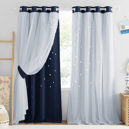 NICETOWN Nursery Curtains for Kids, Farmhouse Blackout Curtain Panels for Bedroom, Double Layer Star Hollow-Out Grommet Aesthetic Living Room Toddler Window Curtains, 2 Pcs, W52 x L84, Biscotti Beige