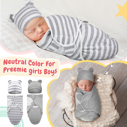 Buryeah 4 Pack Preemie Swaddle Blanket Wrap Set with Hat for Baby Boys Girls 3-7 Lbs Preemie Newborn Clothes Sleepers Cap