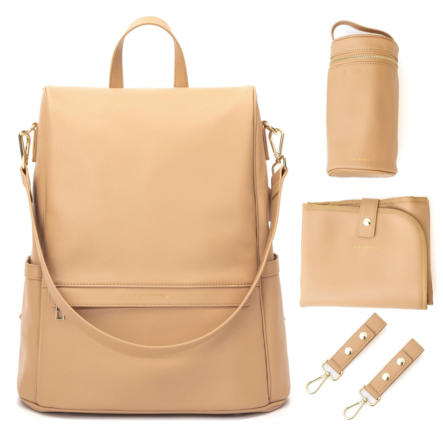 Leather Diaper Bag Backpack with USB Charging port, Changing Pad, Stroller Straps, and Bottle Holder (Brown Olivia)