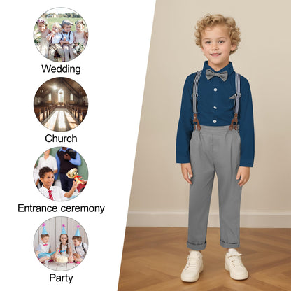 CARETOO Toddler Boy Clothes Suit Gentleman Wedding Outfits Kids Formal Dress Shirt Bowtie Long Suspender Pants Overalls 1-5T