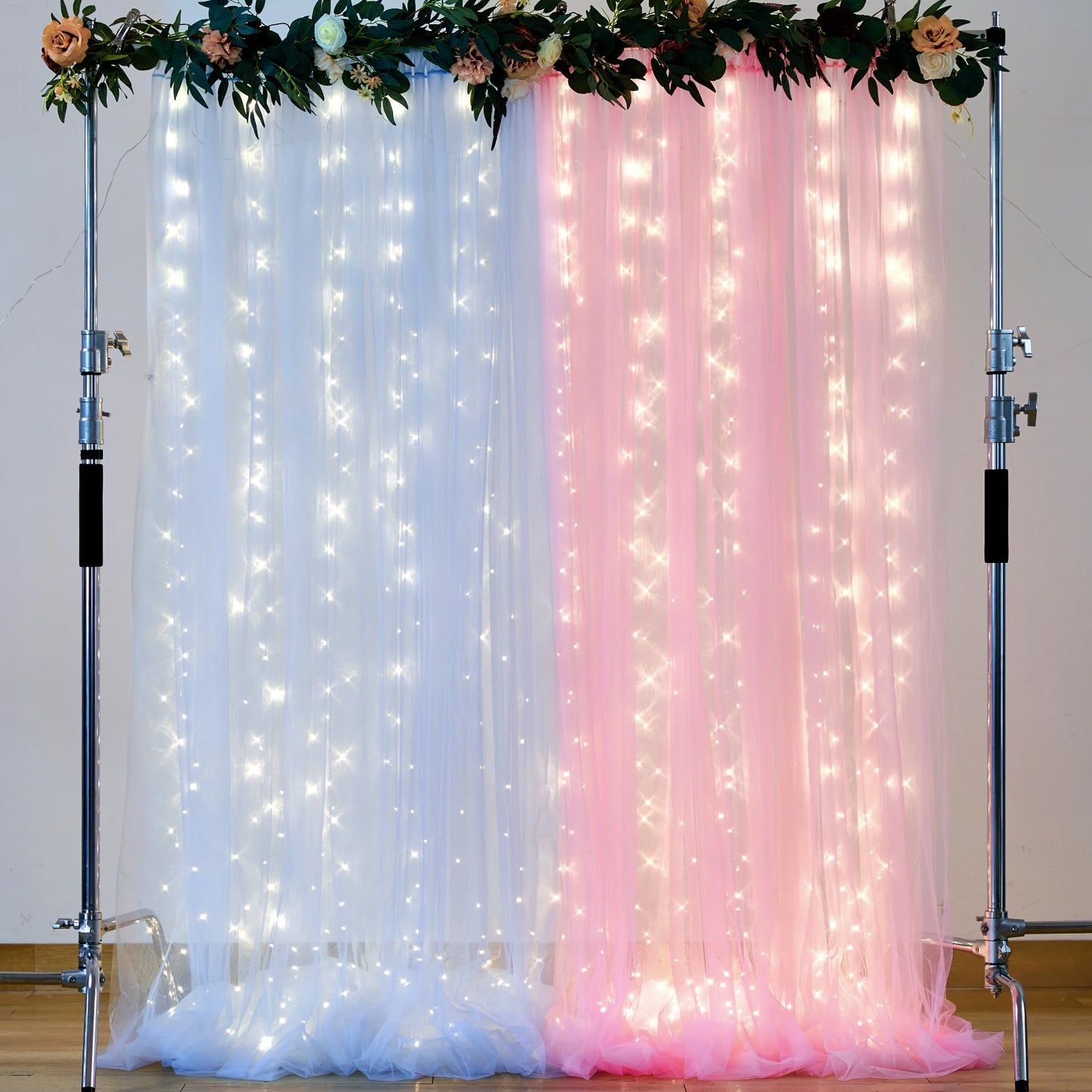 White Tulle Backdrop Curtain with Lights String for Parites 10×8ft Sheer Backdrop Curtains White Curtain Backdrop for Wedding Baby Shower Birthday Party Photo Shoot Decorations(2 Panels 10ft×8ft)