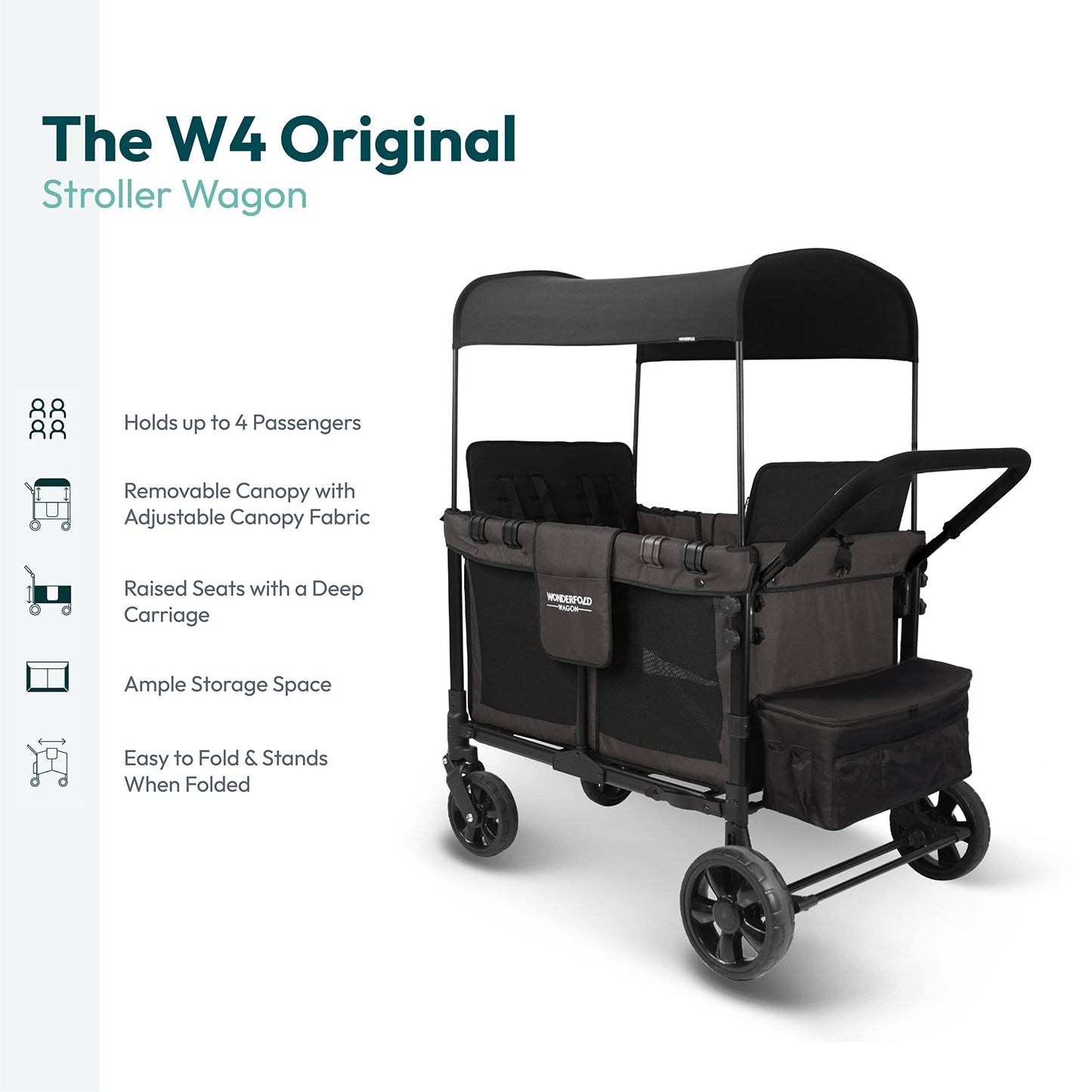 WONDERFOLD W4 Original Stroller Wagon (4 Seater) - Collapsible Wagon Stroller with Seats with 5-Point Harnesses, Easy Access Zipper Door, and Removable Sun Canopy, Black