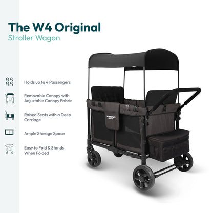 WONDERFOLD W4 Original Stroller Wagon (4 Seater) - Collapsible Wagon Stroller with Seats with 5-Point Harnesses, Easy Access Zipper Door, and Removable Sun Canopy, Black