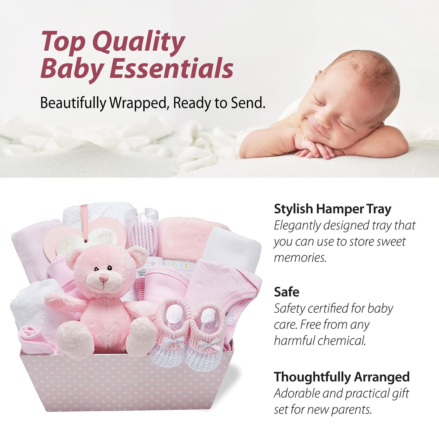 Baby Box Shop - Baby Shower Gifts for Girls - 14 Girl Newborn Essentials Girl Gifts, Includes Teddy Bear, Bodysuit, Bib, Mittens, Hat, Towel - Basket Gifts for Newborn Girl - Pink
