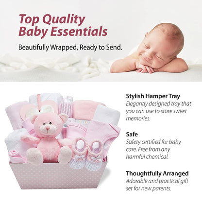 Baby Box Shop - Baby Shower Gifts for Girls - 14 Girl Newborn Essentials Girl Gifts, Includes Teddy Bear, Bodysuit, Bib, Mittens, Hat, Towel - Basket Gifts for Newborn Girl - Pink