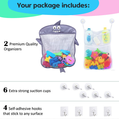 2 x Mesh Bath Toy Organizer + 8 Ultra Strong Hooks – The Perfect Bathtub Toy Holder & Bathroom or Shower Caddy – These Multi-use Net Bags Make Baby Bath Toy Storage Easy – For Kids & Toddlers