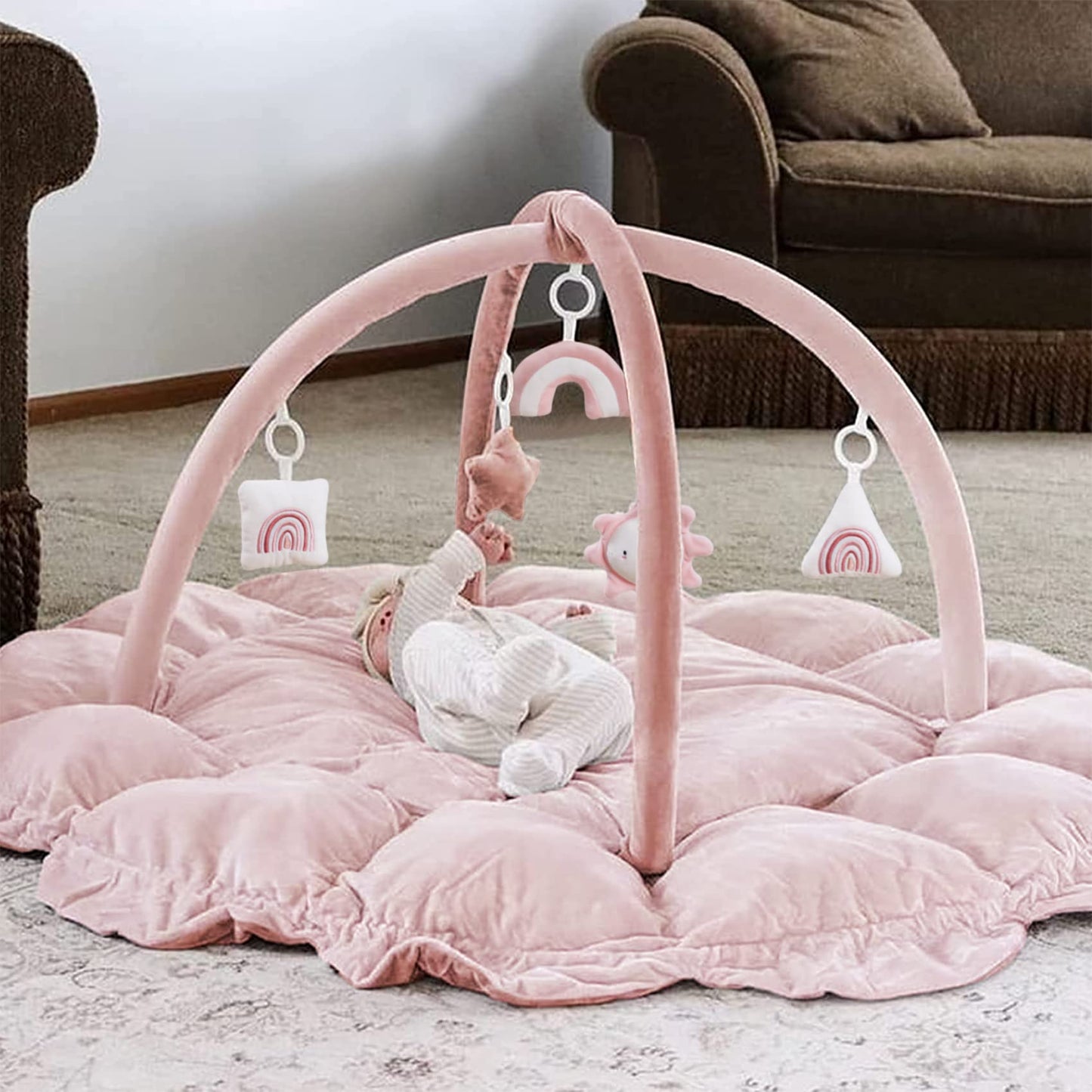 5-in-1 Thick & Plush Baby Play Gym, Baby Play Mats for Floor, Tummy Time Mat with 6 Toys, Cat Bed, Dog Bed, Convertible Stage-Based Developmental from Baby to Toddler, Ball Pit, Pet Cushion Cloudico