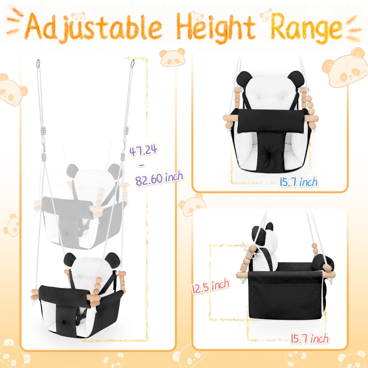 Baby Swing Indoor Outdoor,Secure Canvas Wooden Toddler Swing Seat, 3-Point Adjustable Safety Harness,Mounting Hardware Included,Gift for Boys and Girls,White