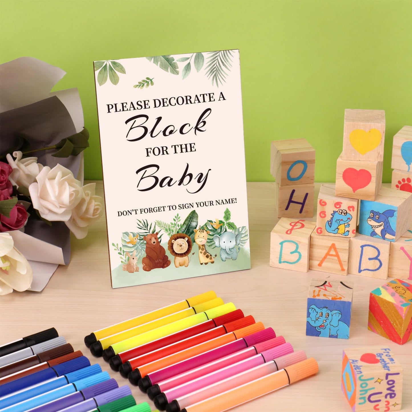 Baby Shower Games Sign Kit with 50 Blank Wooden Baby Blocks, 24 Acrylic Paint Marker and Wooden Sign, Blocks for Baby Shower, Gender Reveals Party(Green)