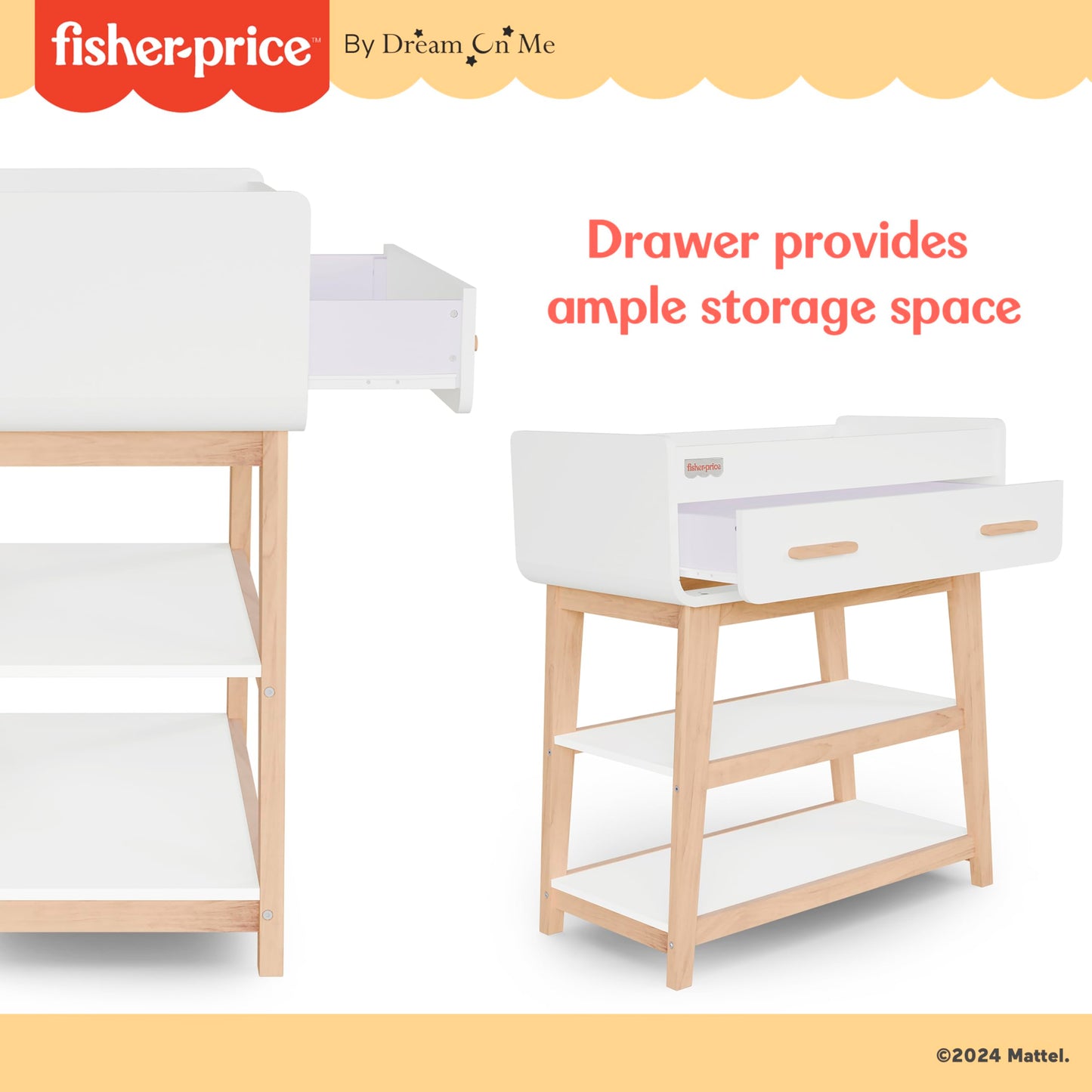 Fisher-Price Iris/Siesta Changing Table by Dream On Me, Blush Pink, JPMA & Greenguard Gold Certified, with a Bottom Closed Drawer and Two Open Shelves for Storage