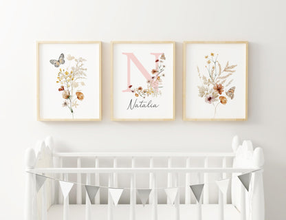 Personalized Wildflower Nursery Prints, Custom Floral Name Wall Art, Baby Girl Initial Monogram Posters, Boho Watercolor Wild Flower Artwork - Unframed (Autumn Meadow, 8x10)