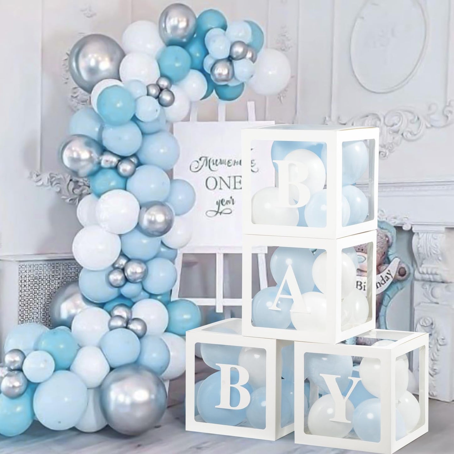 Baby Boxes with Letters for Baby Shower Decorations, Gender Reveal with 4 Pastel Balloon Boxes