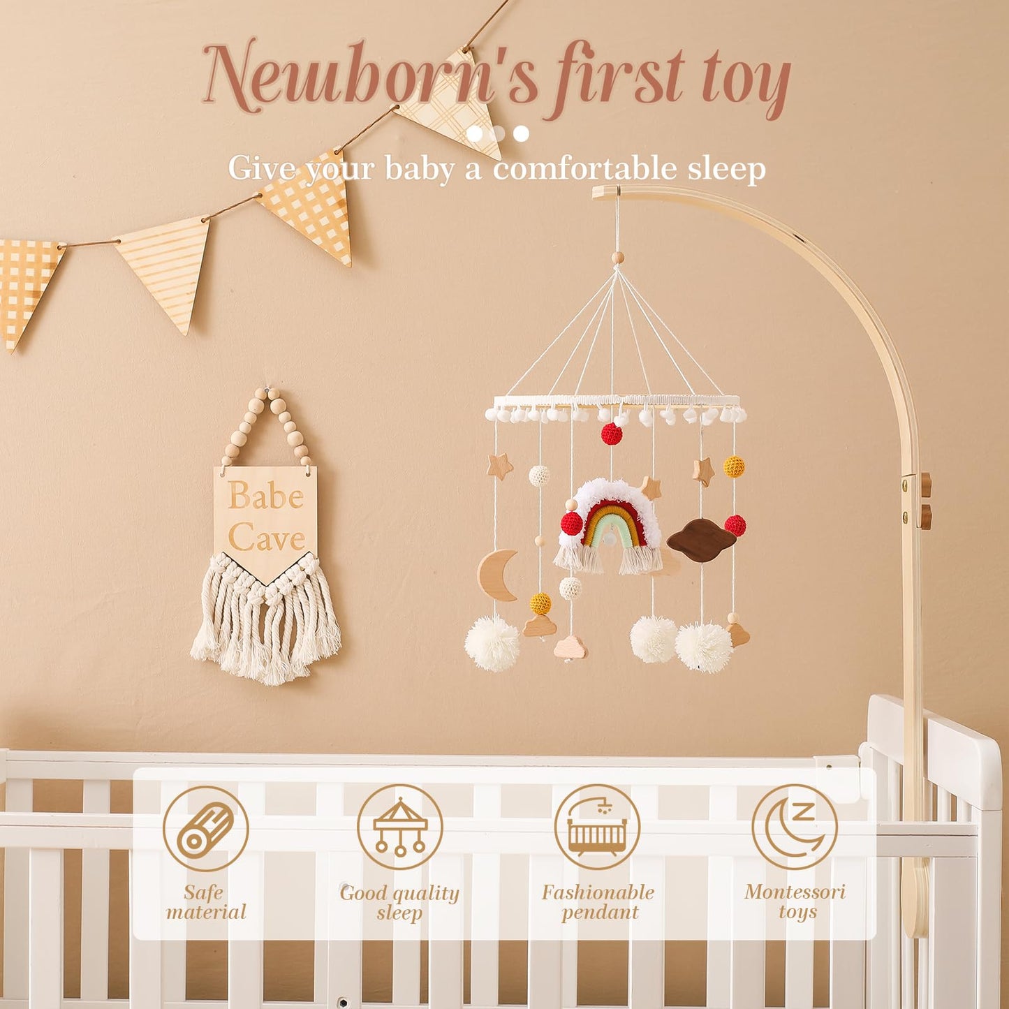 Baby Crib Mobile for Boys Girls| Boho Nursery Mobile| Gender Neutral Hand-Crocheted Mobile| Ceiling Mobile - Stars, Clouds, Moon