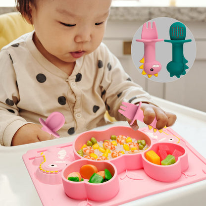 Silicone Suction Plates for Baby Toddler with Spoon Fork set Divided Dinosaurs Plates Self Feeding Training Baby Dinner Plate-Green Dinosaurs Plate Set
