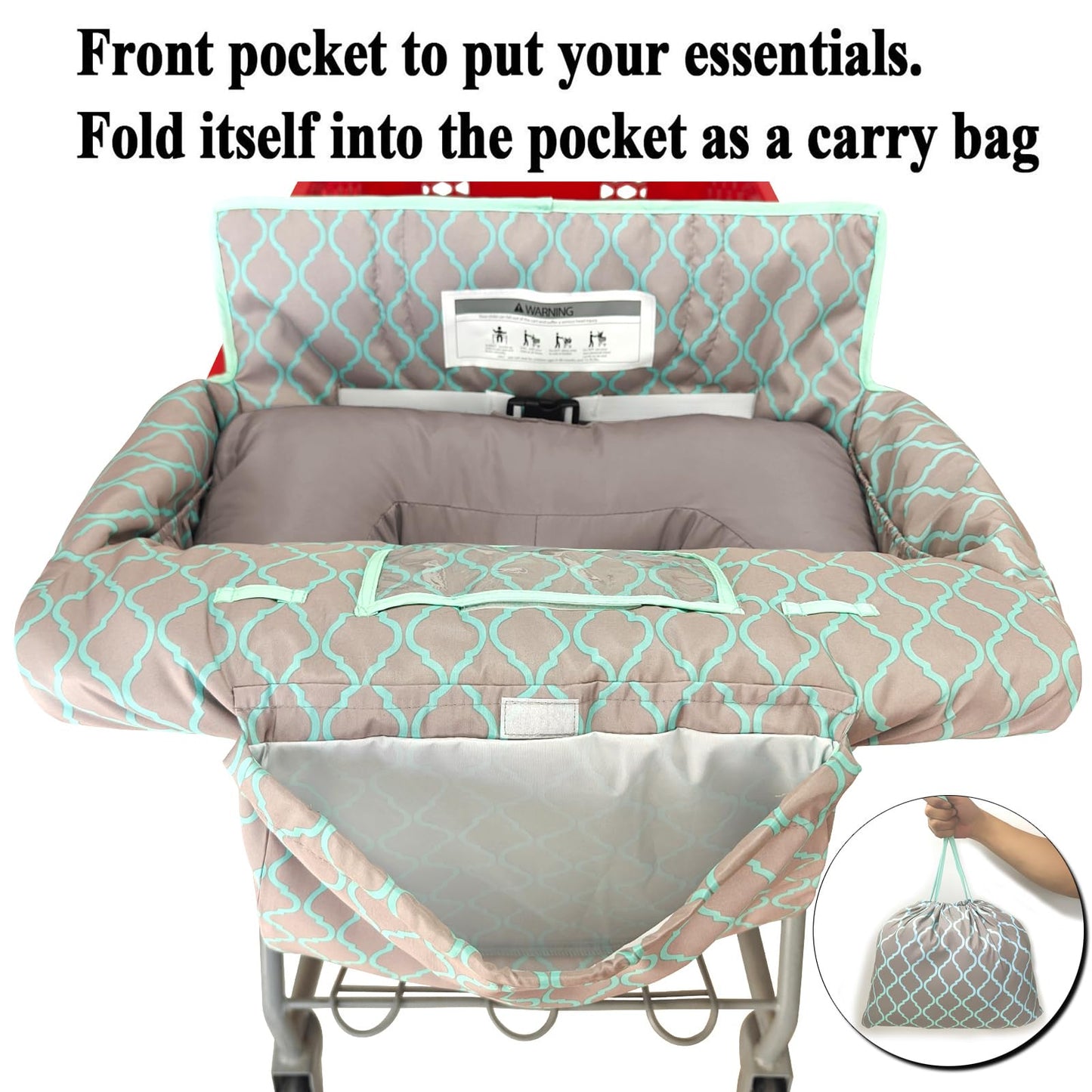Soft Pillow Attached 2-in-1 Shopping Cart and High Chair Cover for Baby, Cotton Padded Cart Cover, Fold'n Roll Style, Portable with Carry Bag (Blue Elephant)