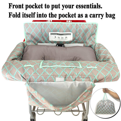 Soft Pillow Attached 2-in-1 Shopping Cart and High Chair Cover for Baby, Cotton Padded Cart Cover, Fold'n Roll Style, Portable with Carry Bag (Blue Elephant)