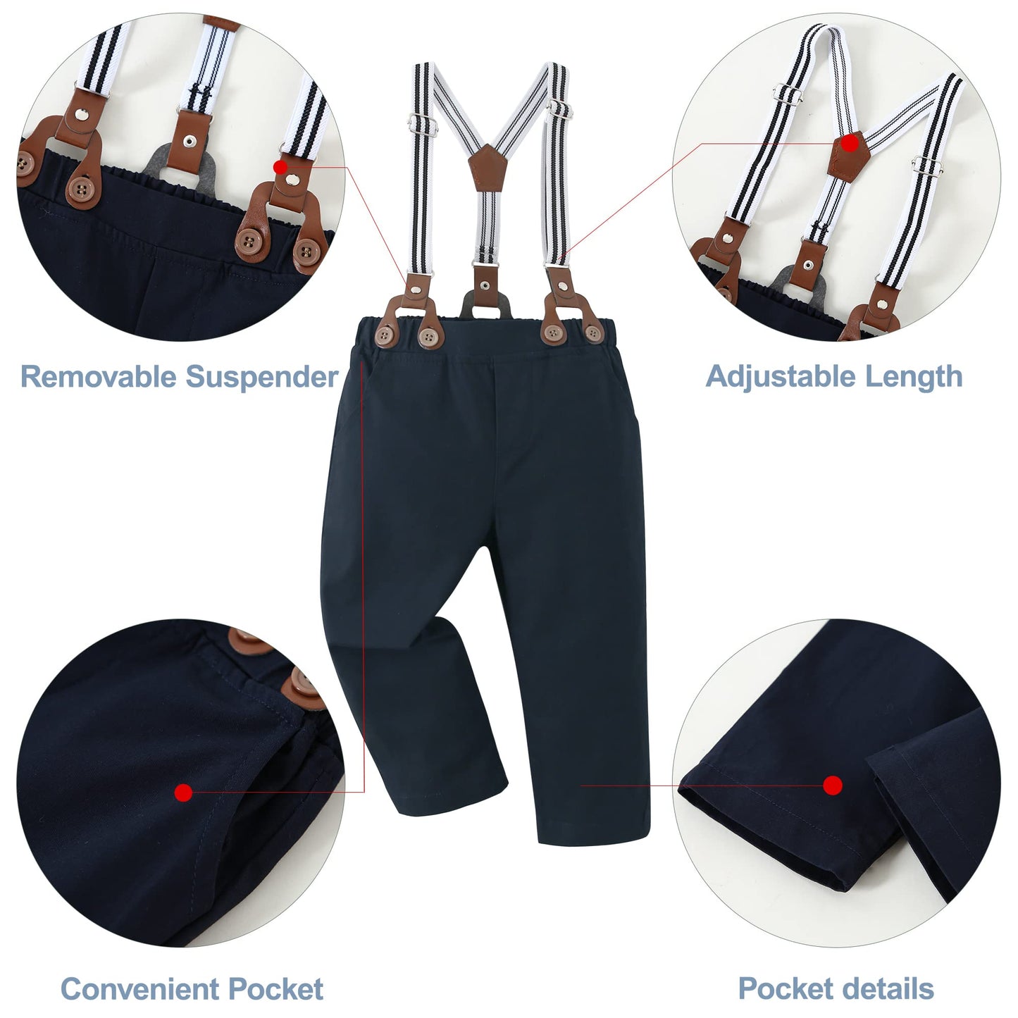 CARETOO Toddler Boy Clothes Suit Gentleman Wedding Outfits Kids Formal Dress Shirt Bowtie Long Suspender Pants Overalls 1-5T