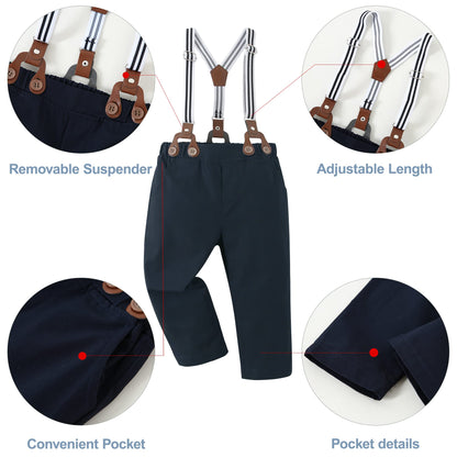 CARETOO Toddler Boy Clothes Suit Gentleman Wedding Outfits Kids Formal Dress Shirt Bowtie Long Suspender Pants Overalls 1-5T