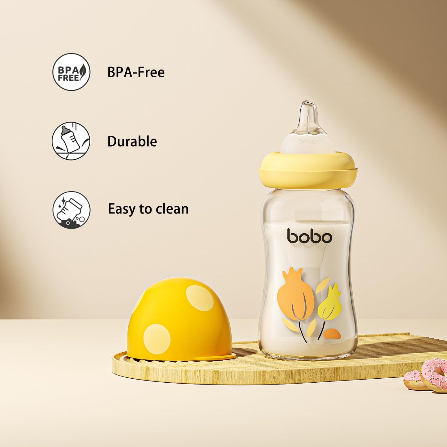 YOHKOH Natural Glass Baby Bottle with Natural Response Nipple, Newborn Anti-Colic Baby Bottles, Wide Neck Mushroom Cap Baby Bottle, Clear (8.8ounce (Pack of 4), Multicolour1)