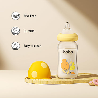 YOHKOH Natural Glass Baby Bottle with Natural Response Nipple, Newborn Anti-Colic Baby Bottles, Wide Neck Mushroom Cap Baby Bottle, Clear (8.8ounce (Pack of 4), Multicolour1)