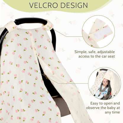 Muslin Car Seat Cover Baby Girls Boys, Summer Cotton Baby Car Seat Cover for Carseat, Comfortable Nursing Cover, Soft Baby Blanket, Breathable Lightweight Infant Stroller Canopy, Rainbow