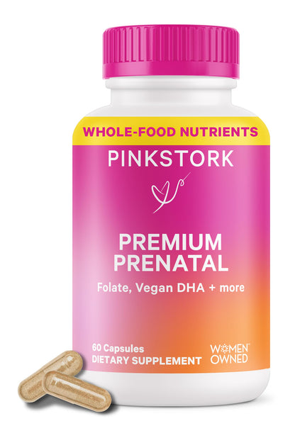 Pink Stork Premium Prenatal Vitamin for Women - Organic Whole-Food Ingredients, Multivitamin & Probiotics - Morning Sickness, Digestion, & Energy - Folate, B6, & Iron - 60 Capsules