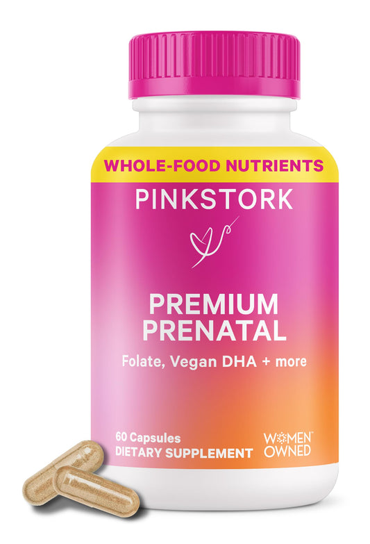 Pink Stork Premium Prenatal Vitamin for Women - Organic Whole-Food Ingredients, Multivitamin & Probiotics - Morning Sickness, Digestion, & Energy - Folate, B6, & Iron - 60 Capsules