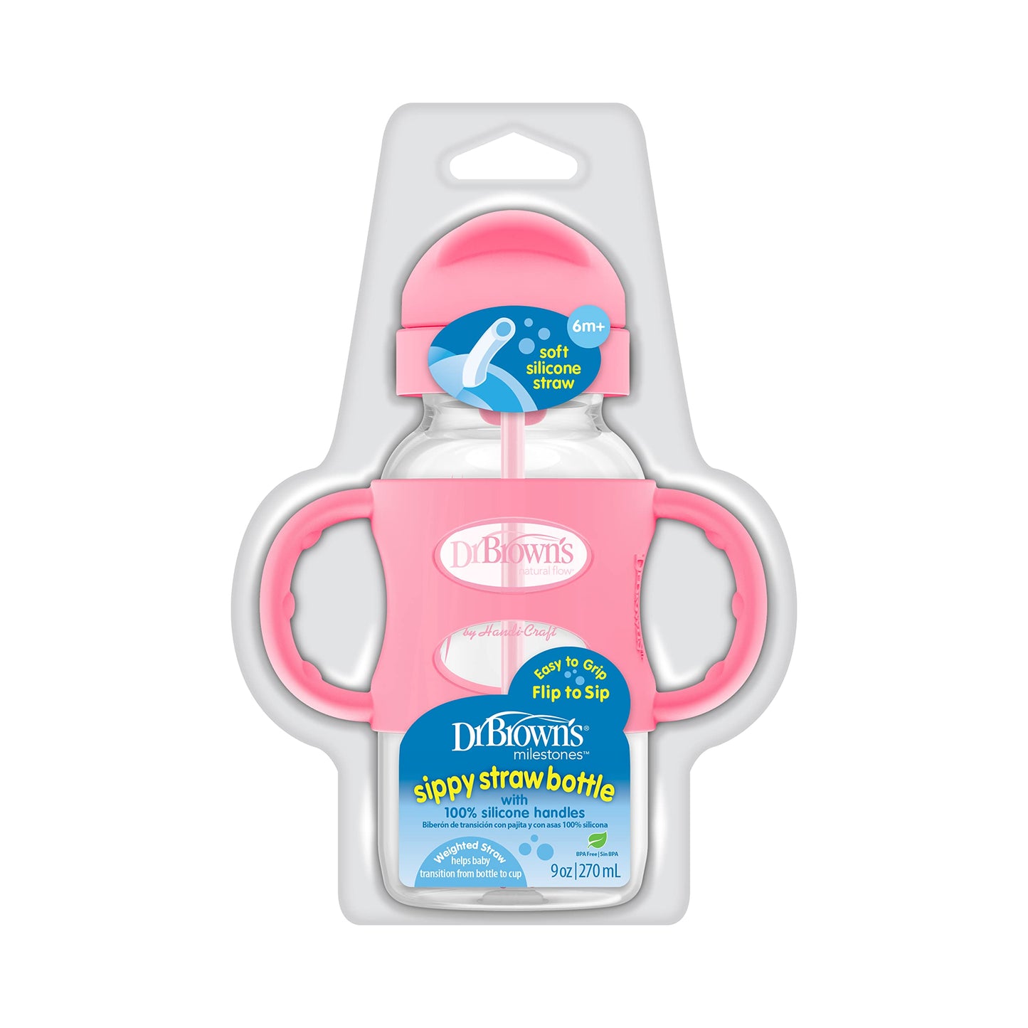 Dr. Brown's Milestones Wide-Neck Sippy Straw Bottle with 100% Silicone Handles and Weighted Straw, 9 oz/270 mL, Gray & Pink, 6m+, 2 Count (Pack of 1)