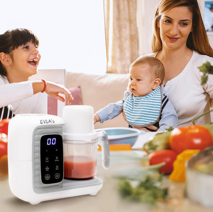 EVLA'S Baby Food Maker, Steamer, Blender, Baby Food Processor for Healthy Homemade Baby Food in Minutes, Touch Screen with 6 Reusable Food Pouches, Baby Registry Essential, White