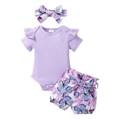 Tiny Cutey Baby Girl Clothes Infant Summer Outfits Set Ruffle Sleeve Romper and Floral Shorts with Headband