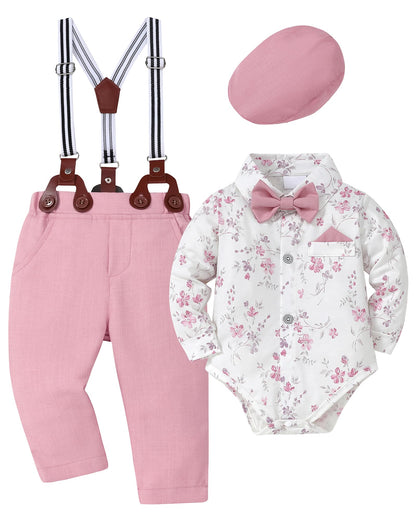 WESIDOM Baby Boy Clothes 0-18M Newborn Infant Gentleman Outfit, Shirt+Bowtie+Beret+Suspender Pant Baby boy Suit Clothing Set