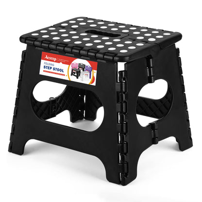 ACSTEP Folding Step Stool 9'' Tall Kids Step Stool Holds Up to 300 lb Plastic Foldable Step Stools for Kids Non-Slip Surface with Carry Handle Collapsible Stool for Home, Outdoor and Indoor(Black)