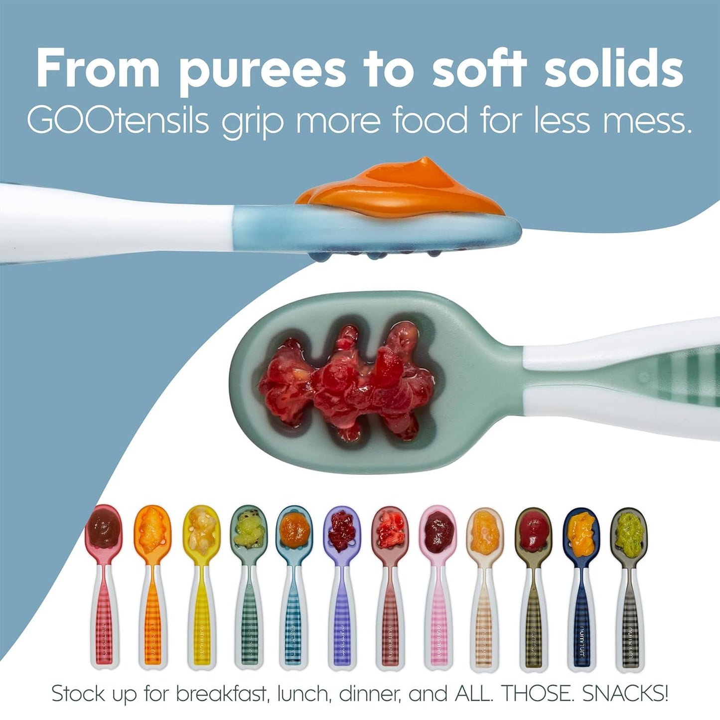 NumNum Baby Spoons Set, Baby Essentials Pre-Spoon GOOtensils for 6+ Months, First Stage Self-Feeding Spoons for Baby Led Weaning (BLW), Silicone Toddler Utensils, BPA-Free, 2 Pack Frosty Lilac/Rosebud