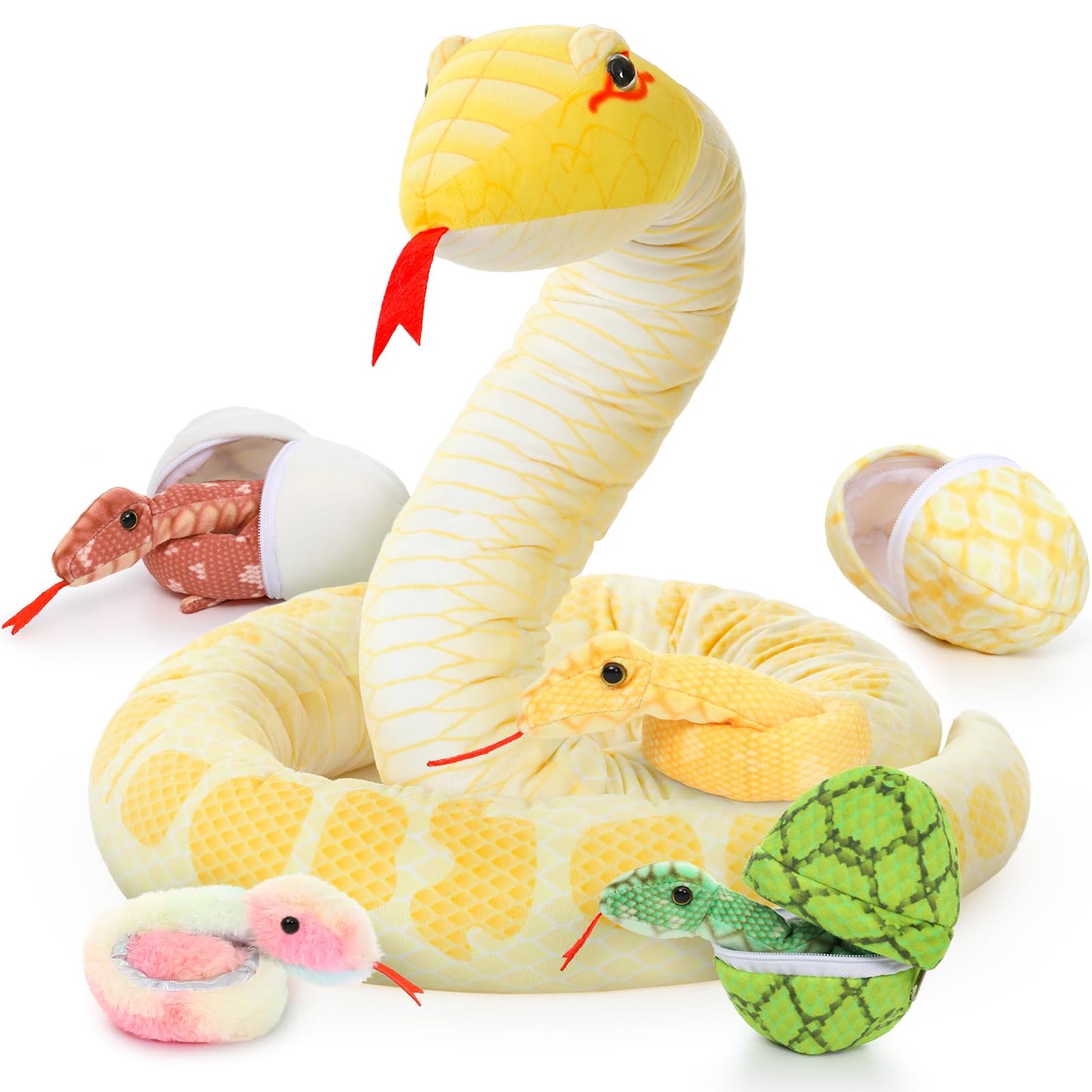 MorisMos Snake Stuffed Animals Plush Toy 120 Inch Giant Snake Plush with Babies Stuffed Snake Toys for Kids Plush Party Decorations Favors Prank Props, 4 Snake Babies, 3 Snake Eggs