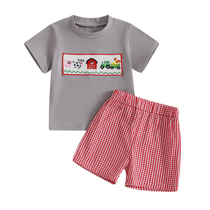 fhutpw Baby Toddler Boy Summer Clothes Embroidery Pattern Short Sleeve Tops & Casual Shorts 6 12 18 Months Outfits Sets