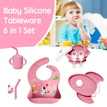 8 PCS Silicone Baby Feeding Set, Astronaut Theme, Spoons, Fork, Silicone Bibs, Baby Sippy Cups, Plate Bowl Set Baby Eating Essentials Led Weaning Toddler (Blue)