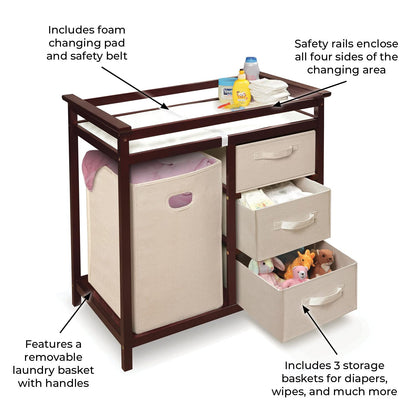 Badger Basket Modern Baby Changing Table - Portable Diaper Station with 3 Drawers Pad & Hamper - Storage Organizer for Baby Clothes, Diapers & Toys - Fresh White/White (34.25 x 20.75 x 34.5)