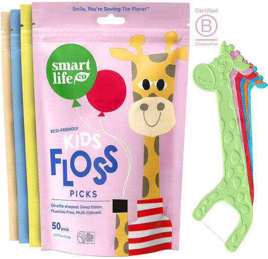 SmartLifeco Biodegradable* Kids Flossers - Unflavored Dental Floss Picks for Children, Fluoride & PFA Free, Straw Wheat Fun Animal Flossing Sticks for Toddlers Teeth, Eco Friendly Compostable*, 200x