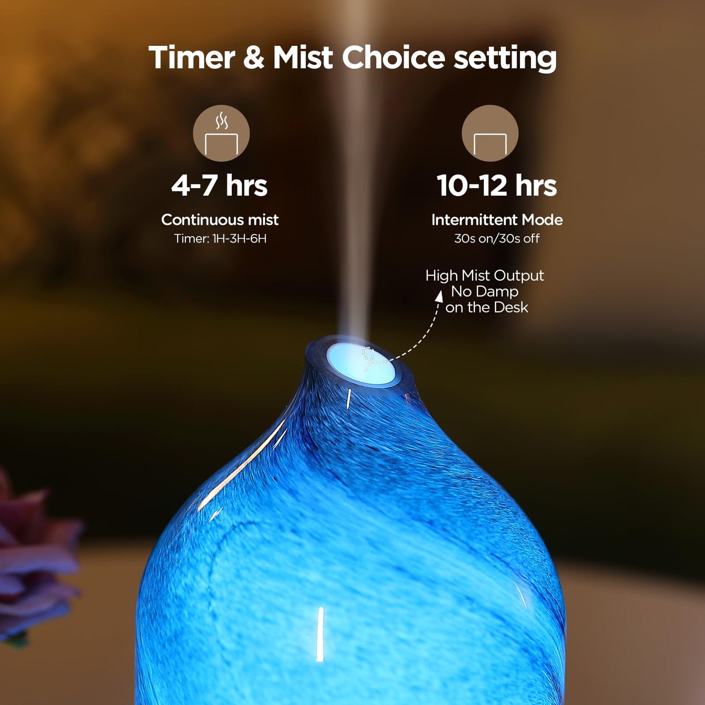 Essential Oil Diffuser Hand Blown Glass Aromatherapy Diffuser - Ultrasonic Cool Mist Scent Aroma Diffuser, Whisper Quiet with Auto Shut-Off, Timer Setting &7 Colors Night Light for Home