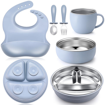 Nuogo 6 Pcs 304 Stainless Steel Kids Plates and Bowls Set Stainless Steel Suction Bowls and Toddler Cup with Removable Silicone, Forks Spoons Pocket Bib for Baby Toddle(Pink,Round)
