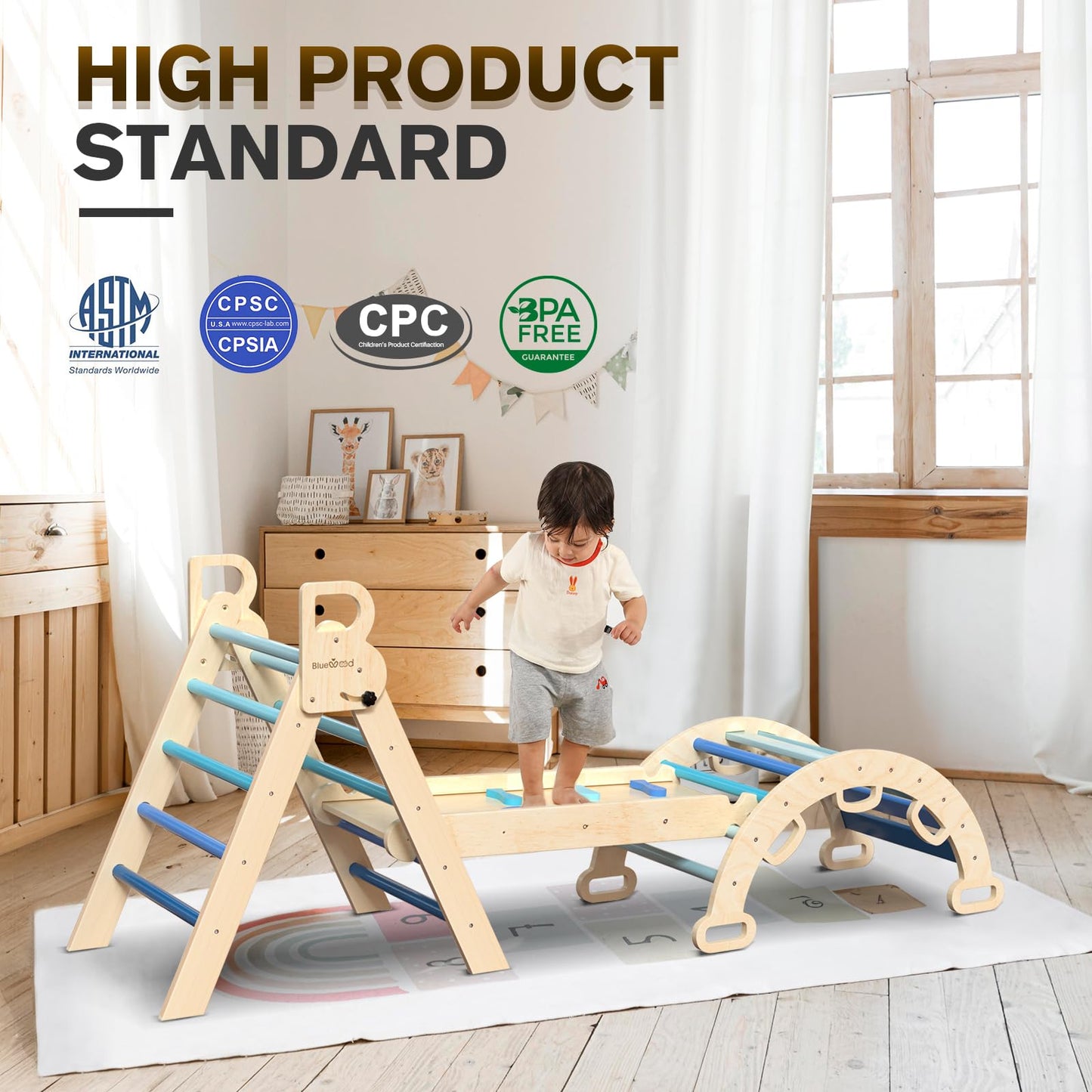 BlueWood Pikler Triangle Set 7-in-1 Foldable Baby Climbing Wooden Toys with Arch&Ramp&Ladder Climber Indoor Jungle Gyms for Toddlers - Rainbow