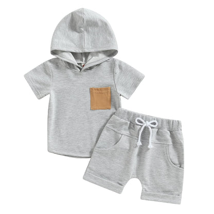 Toddler Baby Boy Summer Outfit Short Sleeve Hooded Stripes Top Casual Shorts Set Infant Newborn Clothes 6 12 18 24 Month