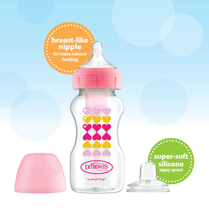 Dr. Brown’s Anti-Colic Options+ Wide-Neck Sippy Bottle Starter Kit, 9oz/270mL, with Level 3 Medium-Fast Flow Nipple and Soft 100% Silicone Sippy Spout, Pink, BPA Free, 6m+