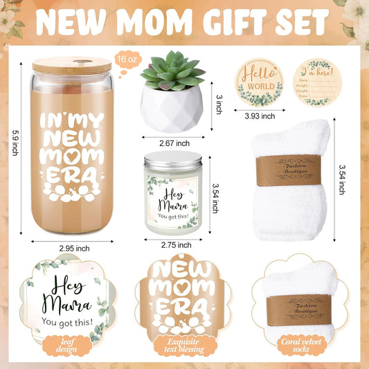 Honeydak New Mom Gifts for Women, Green Leaf Theme Pregnancy Gifts for Expecting Mother, New Mom Care Package After Baby Basket Essentials, Congrats on Postpartum Present with 16 oz Mama Glass Cup