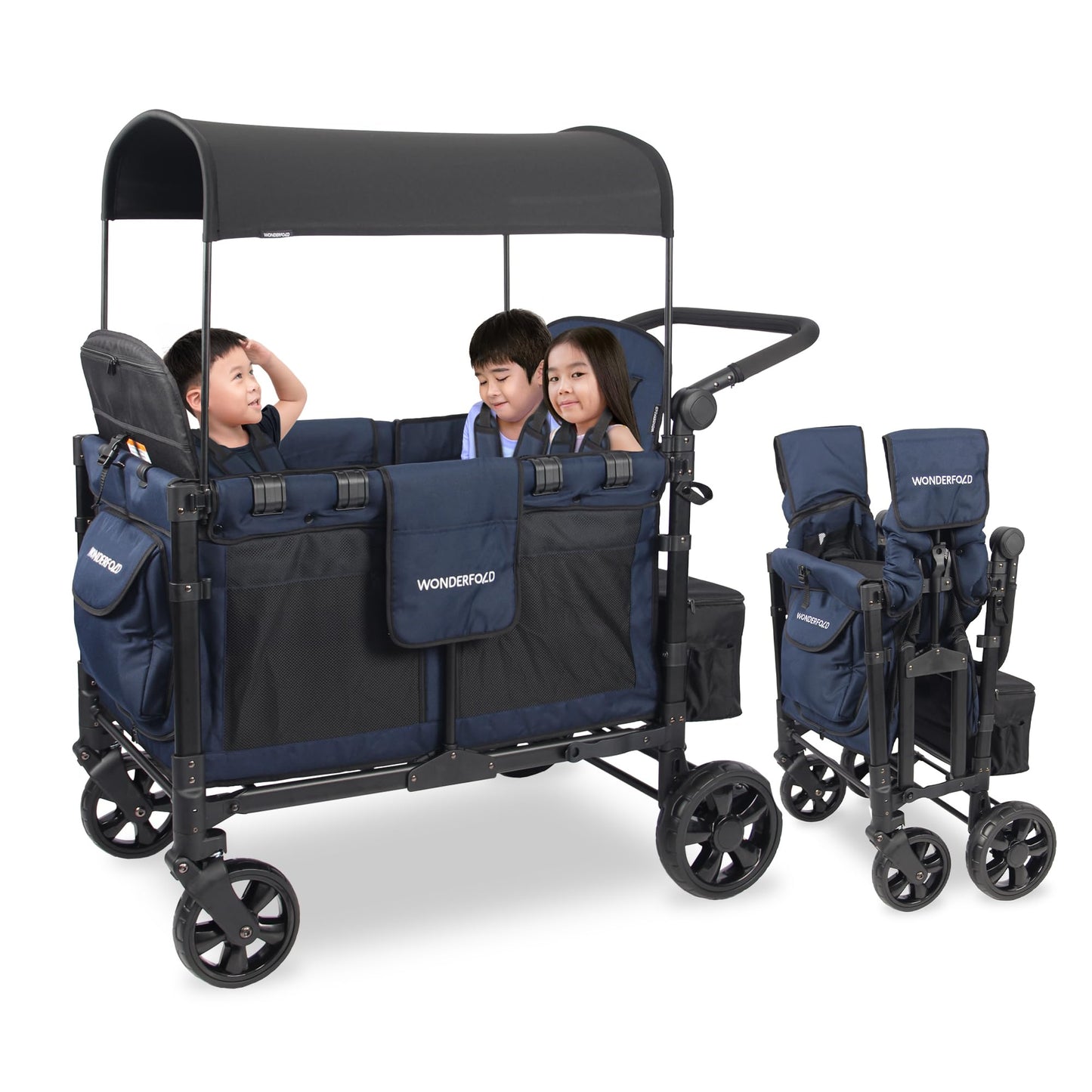 WONDERFOLD W4 Original Stroller Wagon (4 Seater) - Collapsible Wagon Stroller with Seats with 5-Point Harnesses, Easy Access Zipper Door, and Removable Sun Canopy, Black