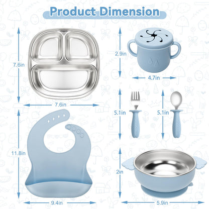 Baby Weaning Bundle, Silicone Baby Feeding Set, Comes with Detachable Silicone Stainless Steel Toddlers Plate and Bowl set, Baby Bib and 2-in-1 Water Cup and spoons (Blue)