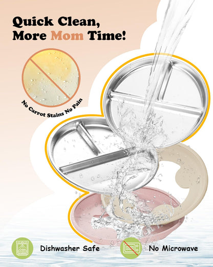 Stainless Steel Baby Plate with Suction, 9” Divided Toddler Plates with Removable Silicone Sleeves for Kids, Non-Toxic Non-Slip Unbreakable Dishwasher Safe Dinnerware Set of 2, Pink & Beige