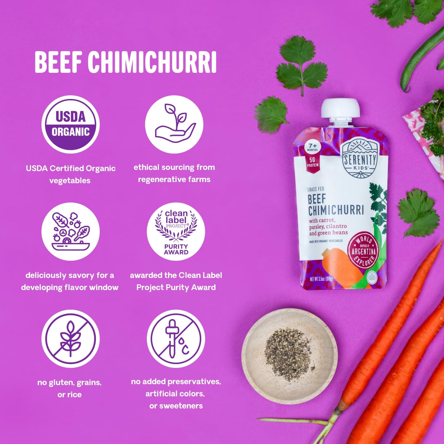 Serenity Kids 7+ Months World Explorers Baby Food Pouches Puree Made With Ethically Sourced Meats & Organic Veggies | 3.5 Ounce BPA-Free Pouch | Beef Chimichurri | 6 Count