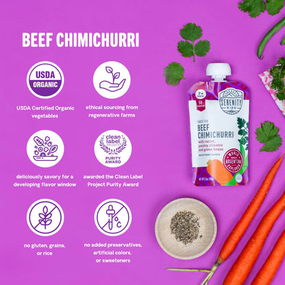 Serenity Kids 7+ Months World Explorers Baby Food Pouches Puree Made With Ethically Sourced Meats & Organic Veggies | 3.5 Ounce BPA-Free Pouch | Beef Chimichurri | 6 Count