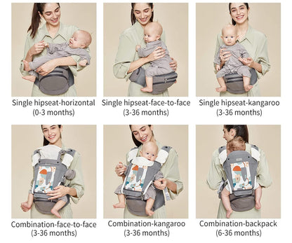 Bebamour Baby Carrier Newborn to Toddler-2 in 1 Hip Seat & Carrier Front and Back Carry with Head Hood & 3 Pieces Teething Pads& Waist Extenders & Storage Bag 0-36 Months (Green)